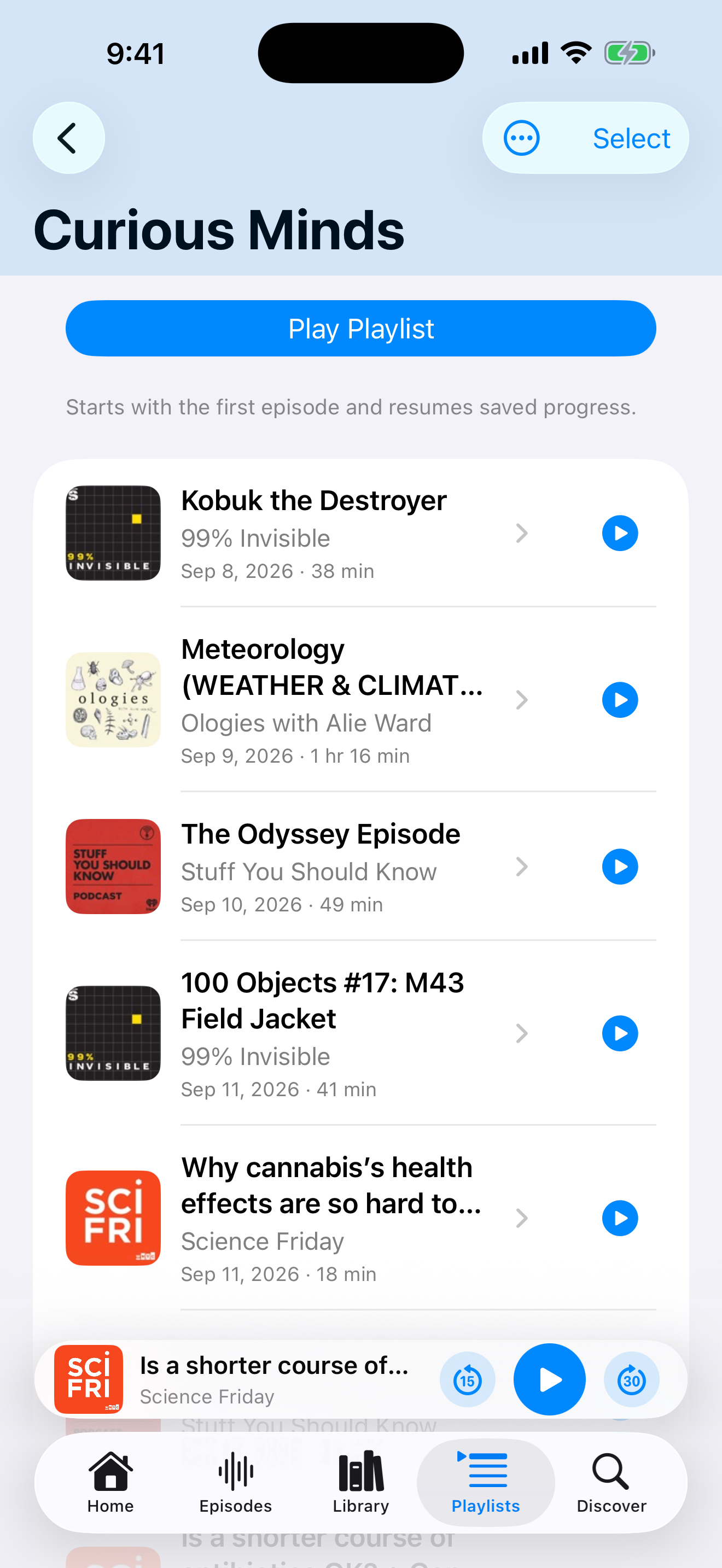Earchelon’s Curious Minds playlist, with episodes from several podcasts and a Play Playlist button
